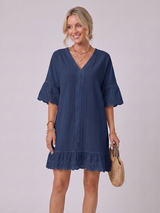 Dresses & Skirts - Women's Navy V-Neck Mini Dress Ruffle Hem Embroidered Trim Casual Vacation